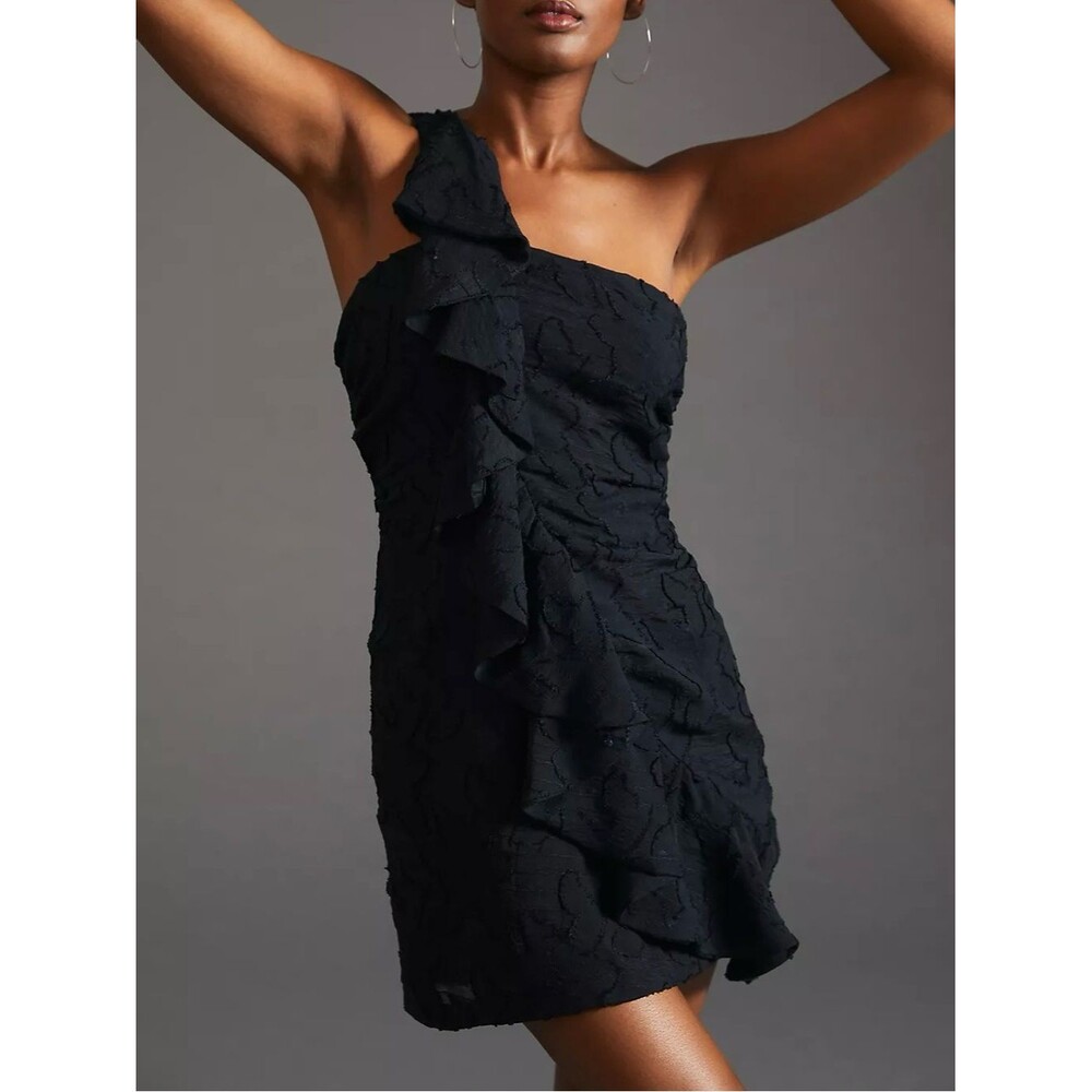 Anthropologie Black One Shoulder Textured Ruffle Mini Dress Women’s Size 10